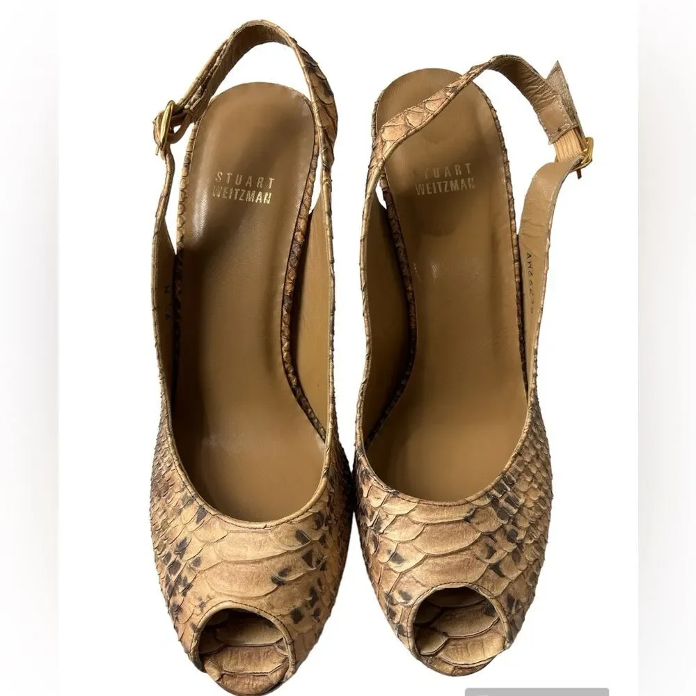 Stuart Weitzman Snakeskin Peep Toe Slingback Wood Platform heels sz 9.5 Mobwife